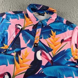 Bad Birdie Polo Mens M Tropical Toucan‎ Golf Shirt Pink Blue Performance Stretch